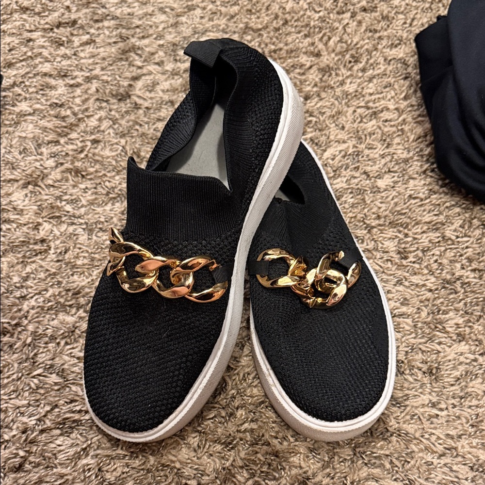 Black Slip-On Sneakers with Gold Chain Accent